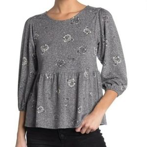 NWT Bobeau Grey Floral Peplum Babydoll Top Woman's Size XS